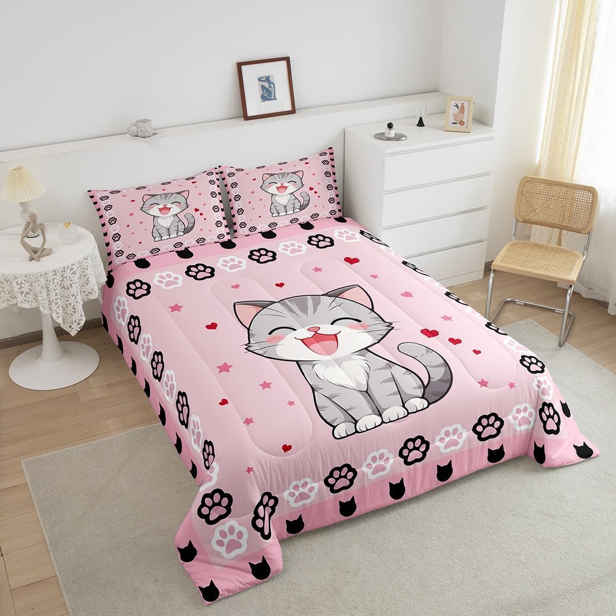 Manfei Lovely Cat Bedding Comforter Sets Toddler,Pink Black Cat Paw Footprint Bedding Set for Bedroom Decoration,Cute Animals Pink Print with 1 Comforter and 1 Pillow Case Bedroom Decor