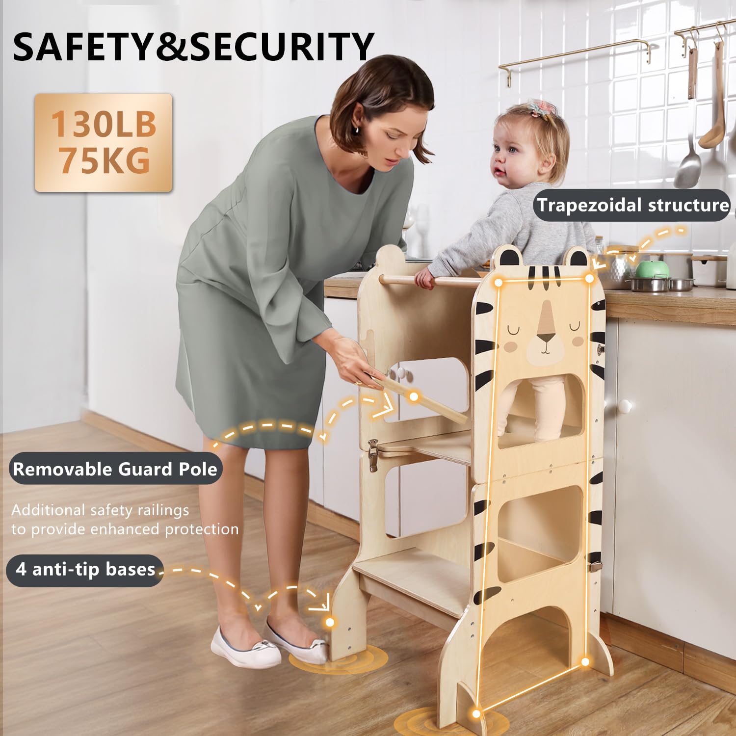 labebe torre montessoriana bambini,multifunzionale torre montessoriana pieghevole in legno, 3 in 1 Torre di apprendimento per bambini trasformabile con lavagna-tigri