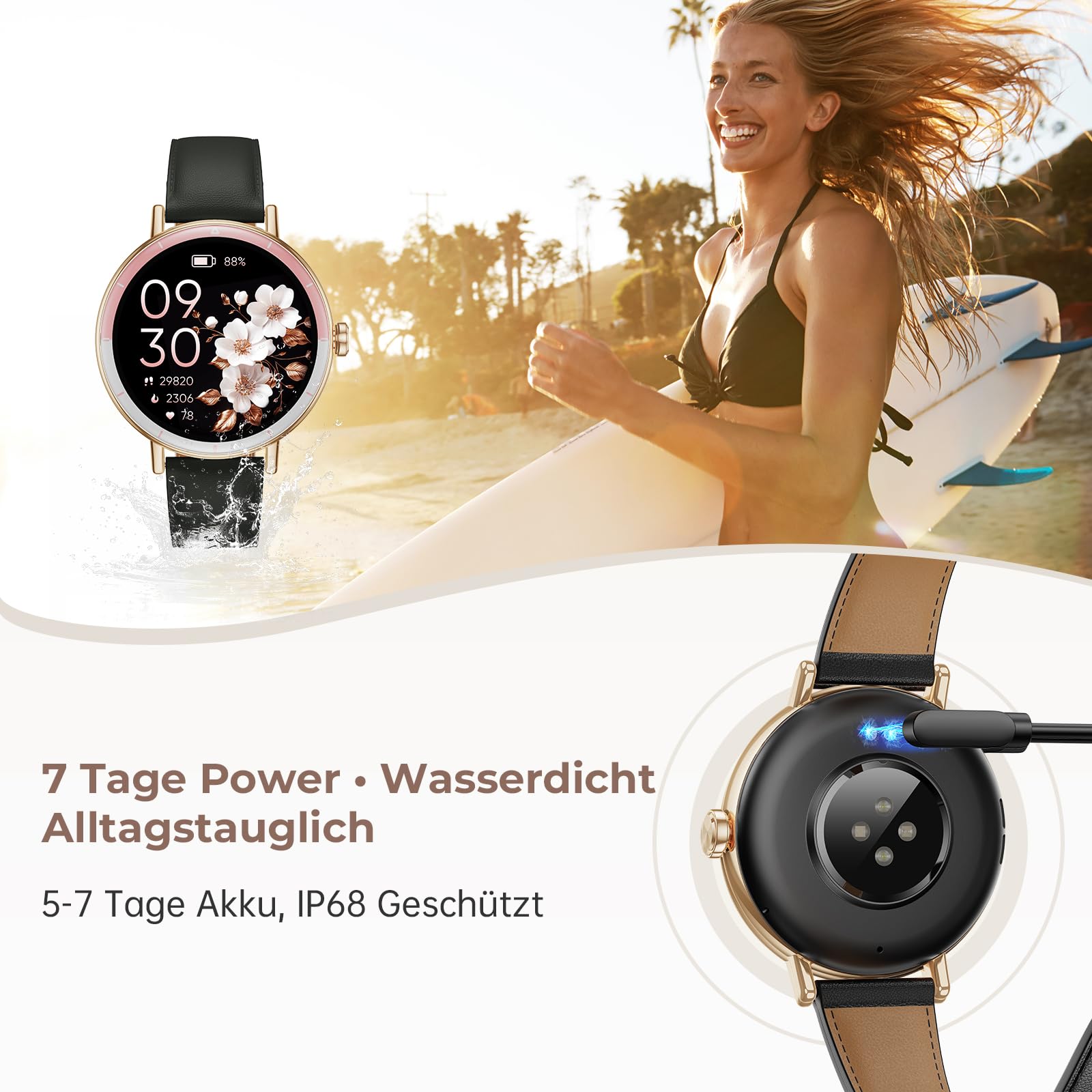 Smartwatch Damen, 1,27 HD Screen Rund Klein Armbanduhr mit Telefonfunktion/Menstruationszyklus/SpO2/Pulsuhr/Schlafmonitor/Schrittzähler/IP68/100+ Sport Fitnessuhr für Android iOS, Gold Schwarz