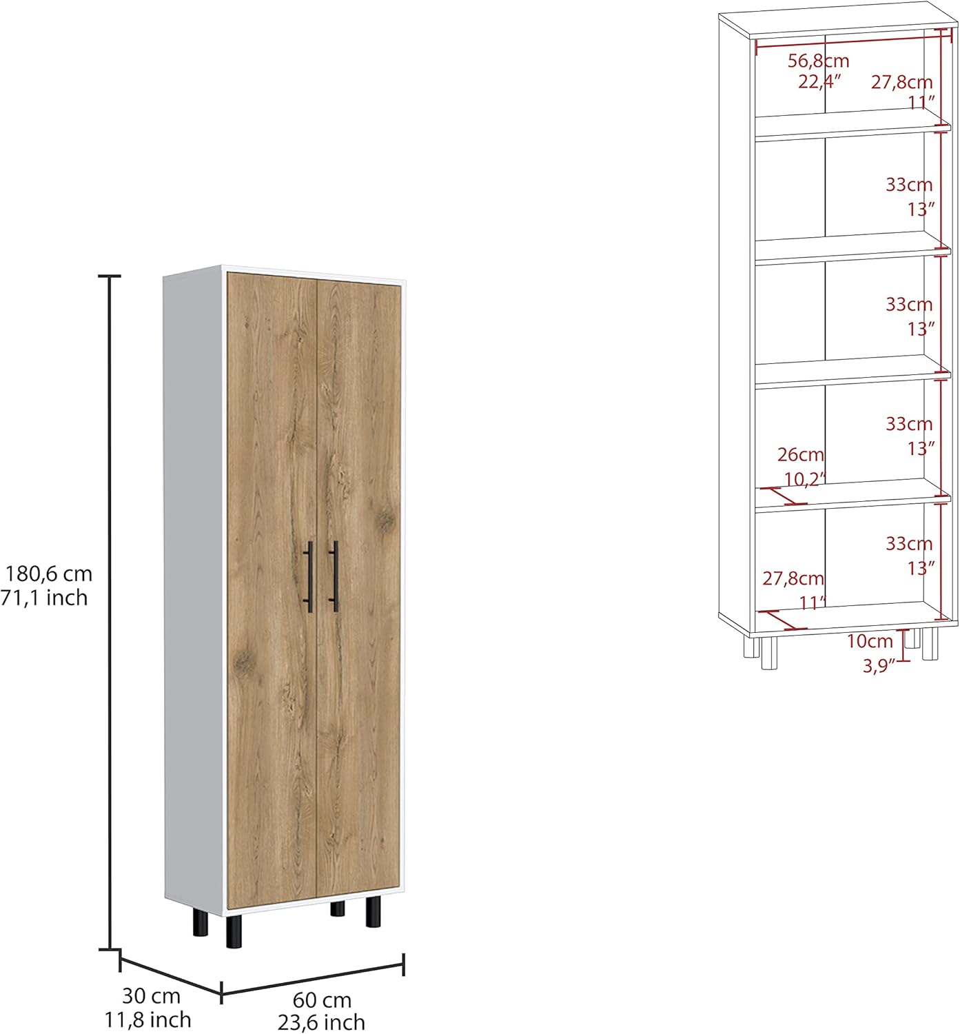 Reston 2 Piece Kitchen Set, Kitchen Island + Pantry Cabinet, White/Light Oak