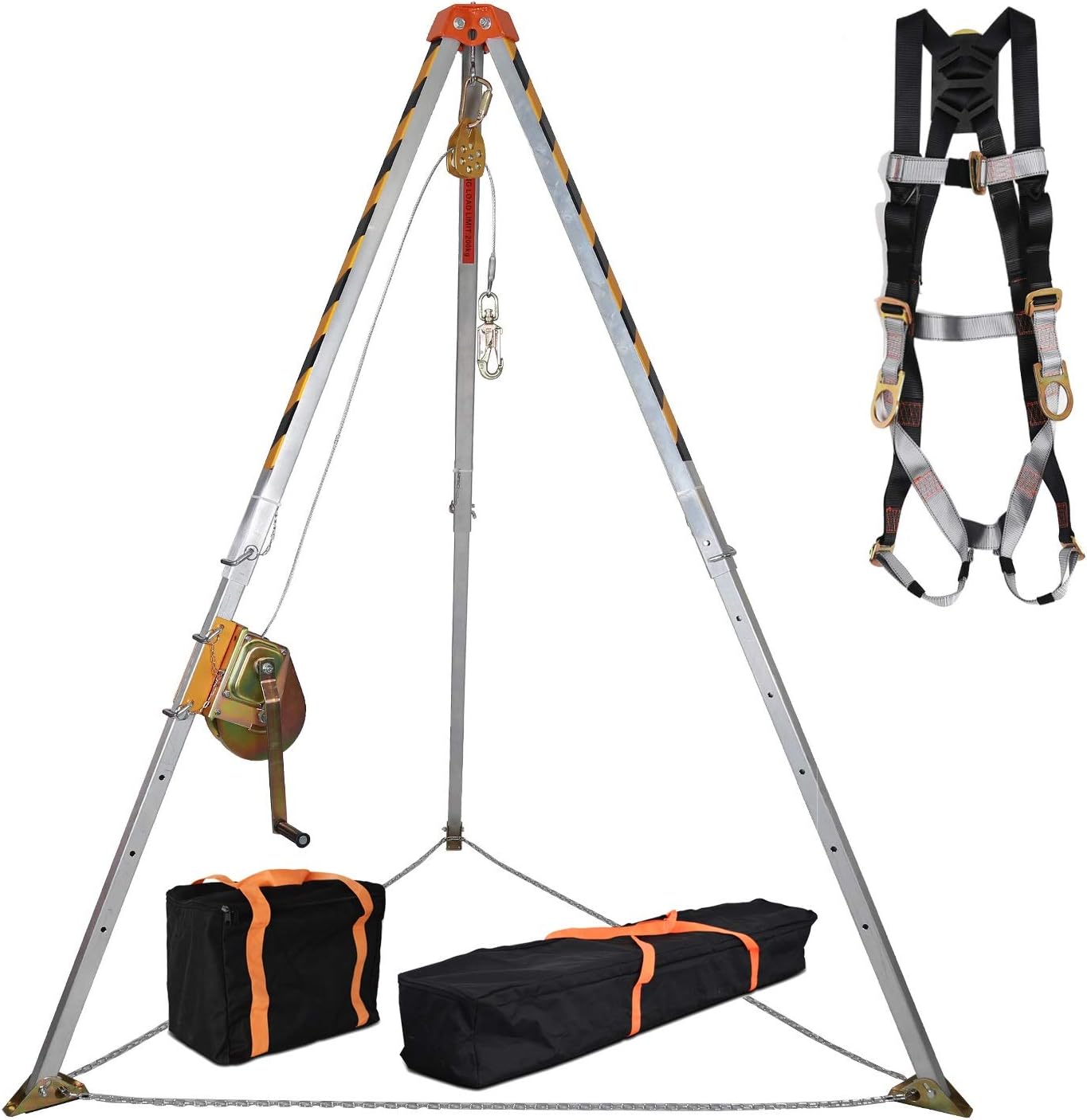 KSEIBI Aluminum Confined Space Tripod Kit with 65' Winch, Pulley, Carabiner, Fall Protection Safety Harness and Carrying Storage Bag