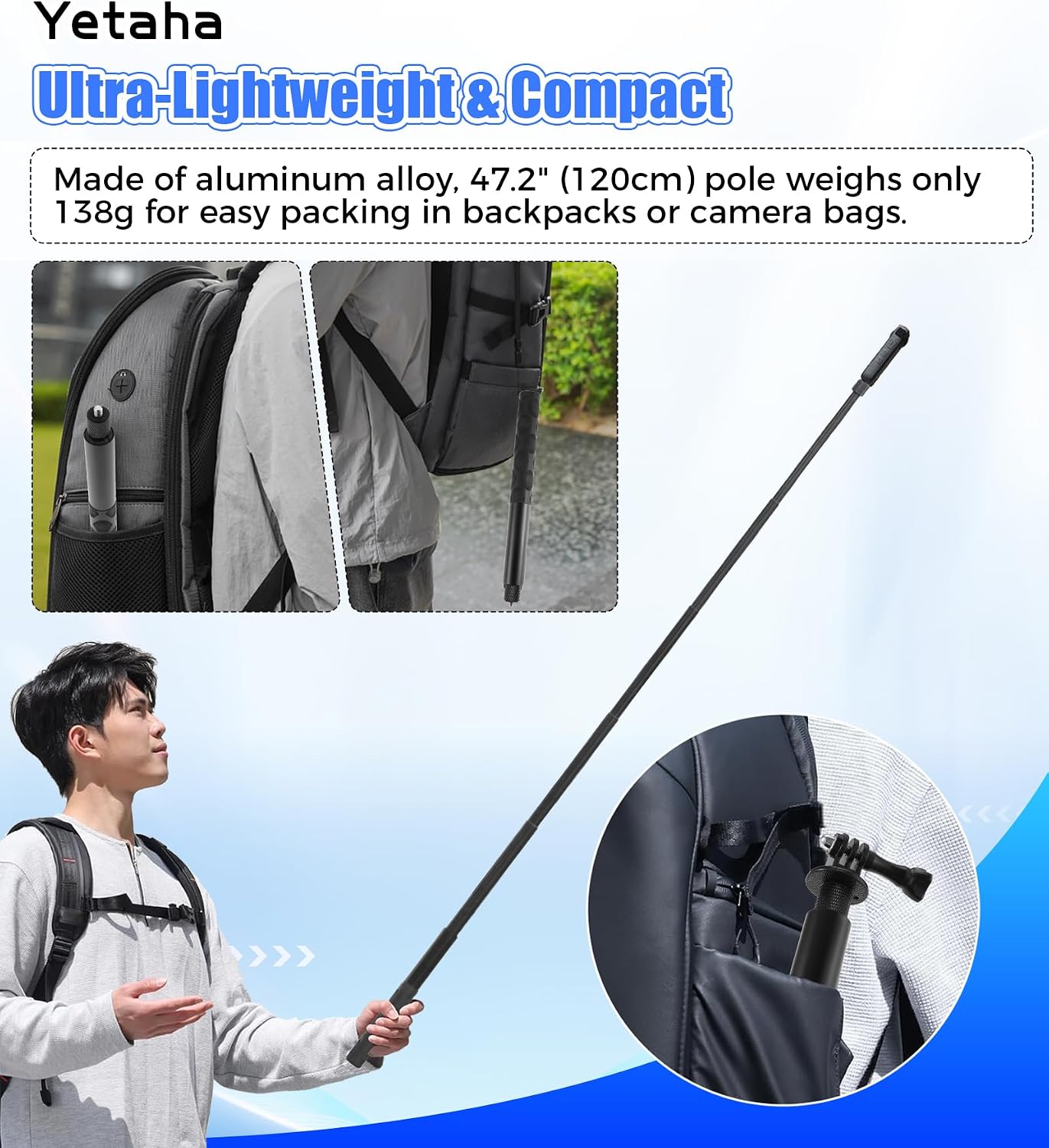 Yetaha 47.2" (120cm) Invisible Selfie Stick, Extended Monopod Pole Compatible for Insta360 X5/X4/X3, GoPro Hero 13–11, DJI Osmo Action with GoPro Buckle Mount & Wrist Strap