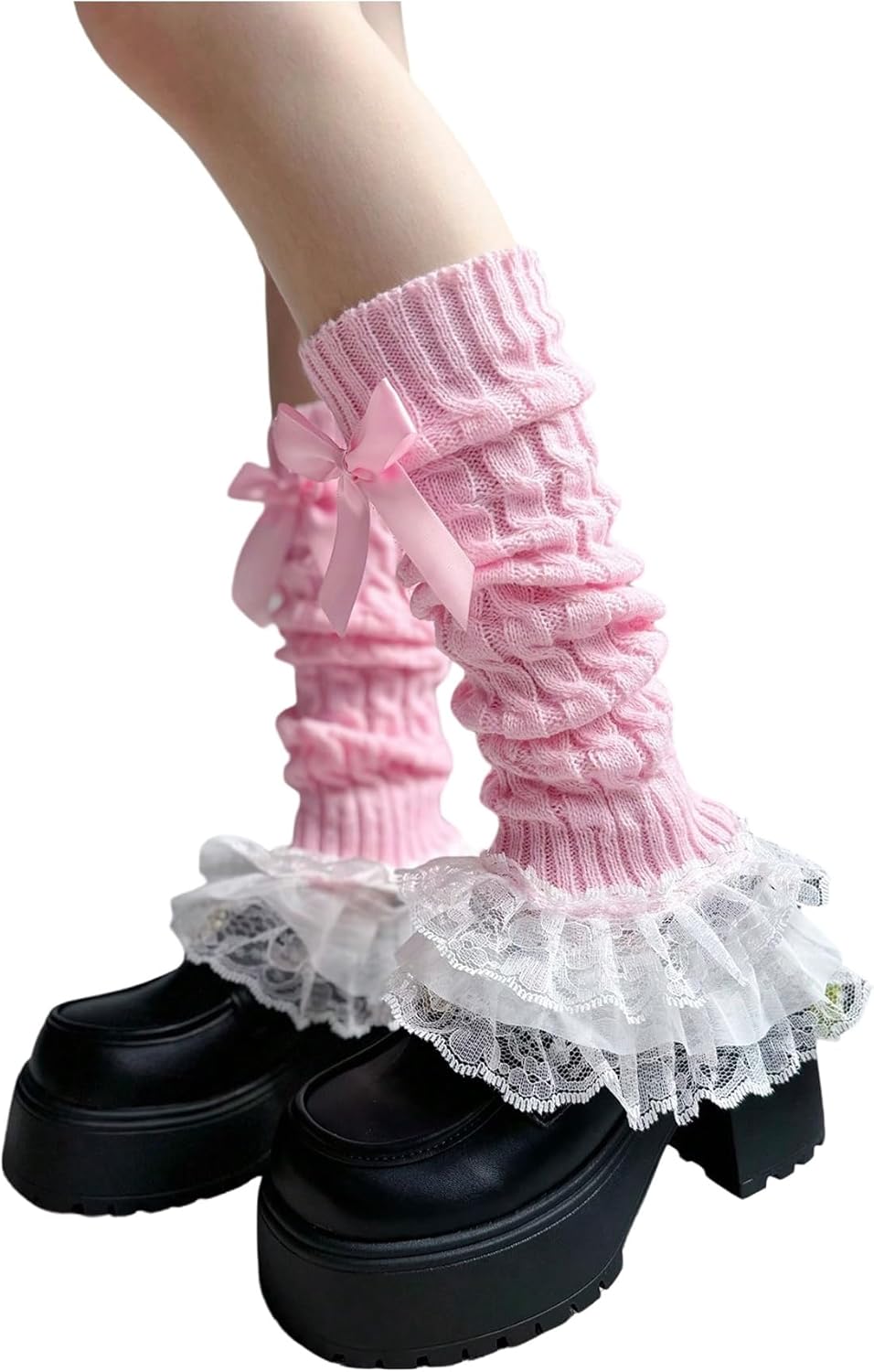 Women's 1 Pair Y2K Bow Front Lace Trim Leg Warmers Ribbed Knit Over Knee Pile Leg Warmers Long Socks