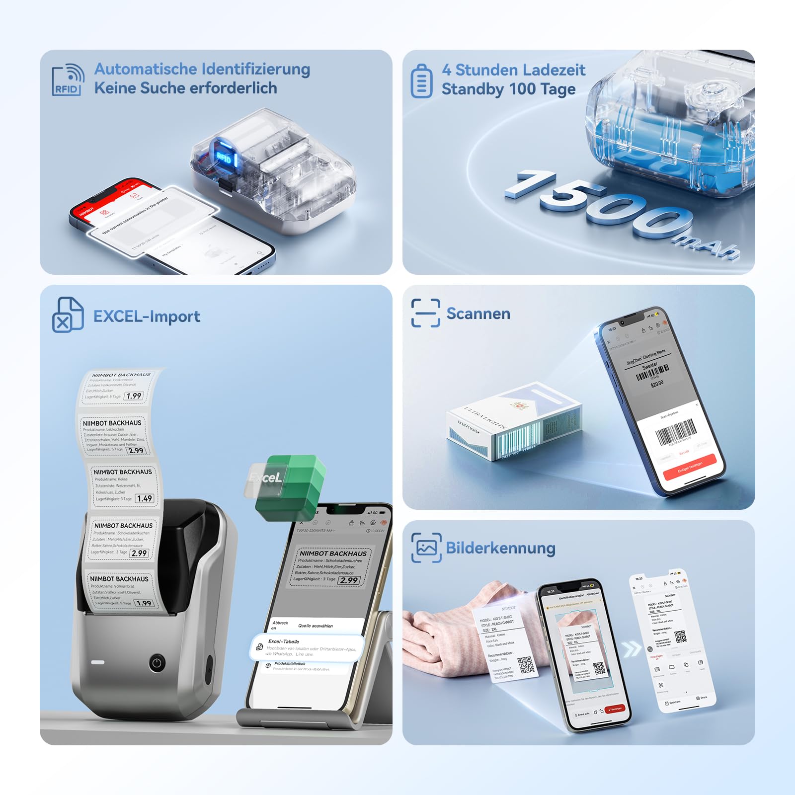 NIIMBOT B1 Etikettendrucker mit Wasserfeste Etiketten Selbstklebend, Tragbarer Beschriftungsgerät Bluetooth Label Printer Aufkleber Drucker für Barcode, Schulbedarf, Logo, Adresse, Silber