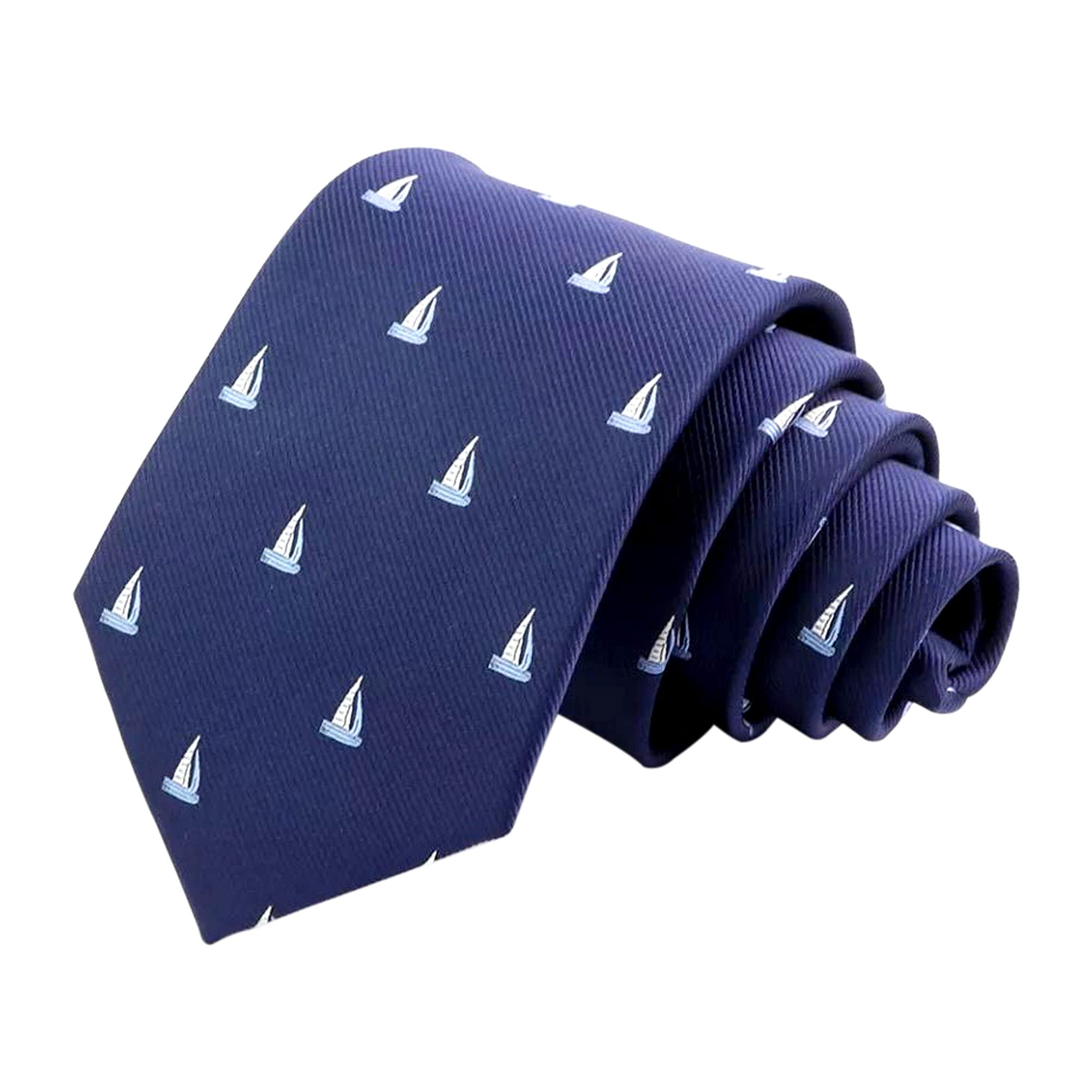 Cravatta blu navy con ricamo a forma di barca a vela blu-bianca