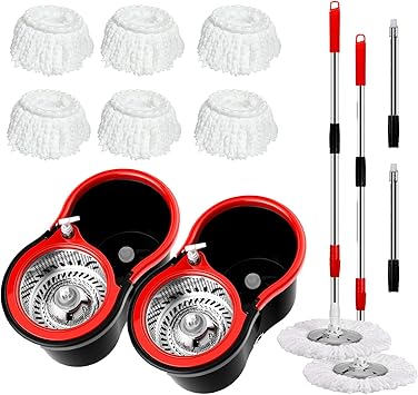 Mop and Bucket with Wringer Set 360 3psc Microfiber Spin Mop with Bucket and Dual Mop Heads Self Wringing Spinning Mop 20QT 2 RED