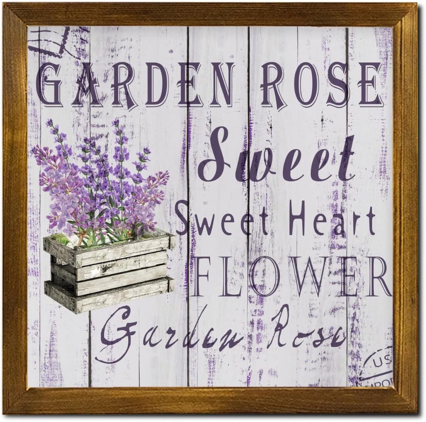 Garden Rose Sweet Heart Wood Framed Signs Vintage French Lavender Flower Positive Wall Plaque Classic Botanical Artwork Wall Art Hanging Farmhouse Decoration Plaque for Home Kitchen Garden 12x12 inch