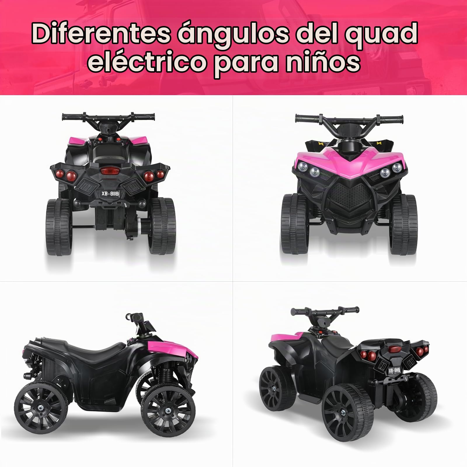 MAMIZO Quad Eléctrico Infantil 6V, Vehículo Eléctrico para Niños de 3 a 8 Años, Vehículo Eléctrico Niños, 3 km/h, con MP3, Trompeta, Faro LED & Carga USB, 68x44x41 cm, Rosa,4 pcs Ruedas