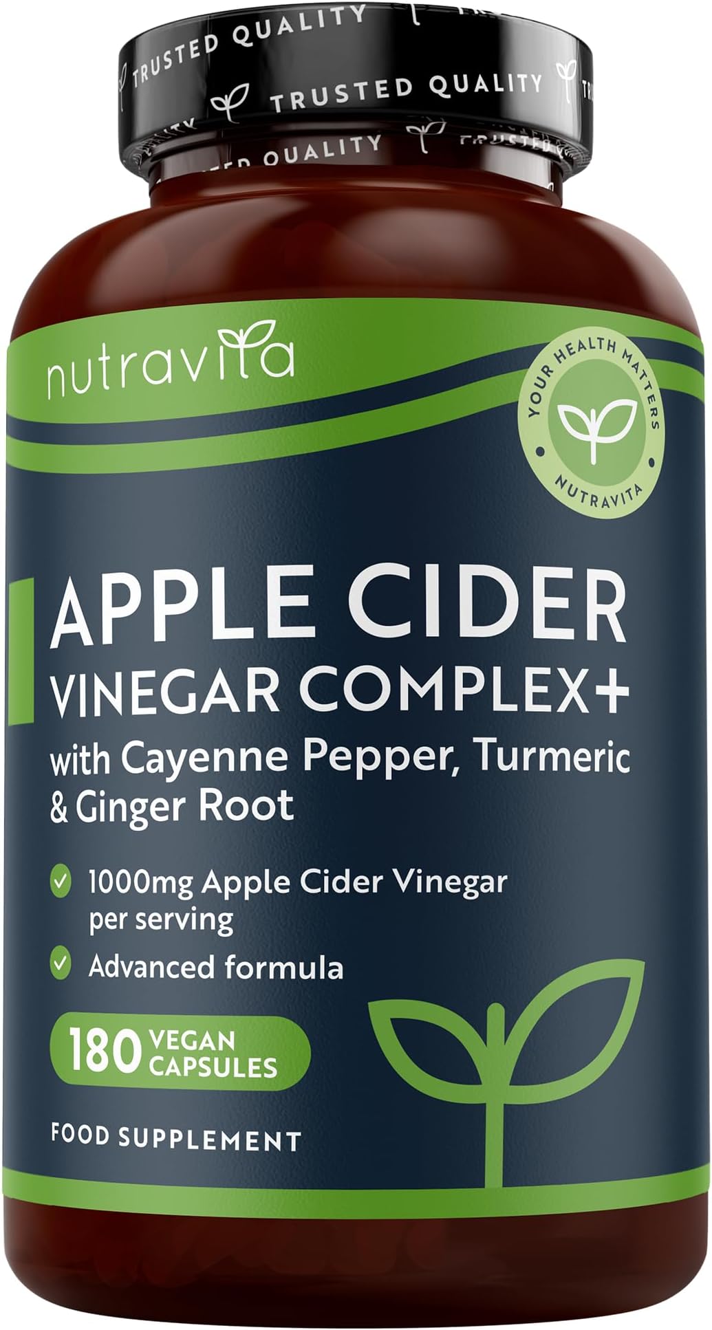 Nutravita Apple Cider Vinegar Capsules with Cayenne Pepper, Turmeric and Ginger Root - 180 Vegan Capsules Made from UK Grown Apples - Raw Unfiltered ACV - 1033mg Daily Dosage - Made in The UK