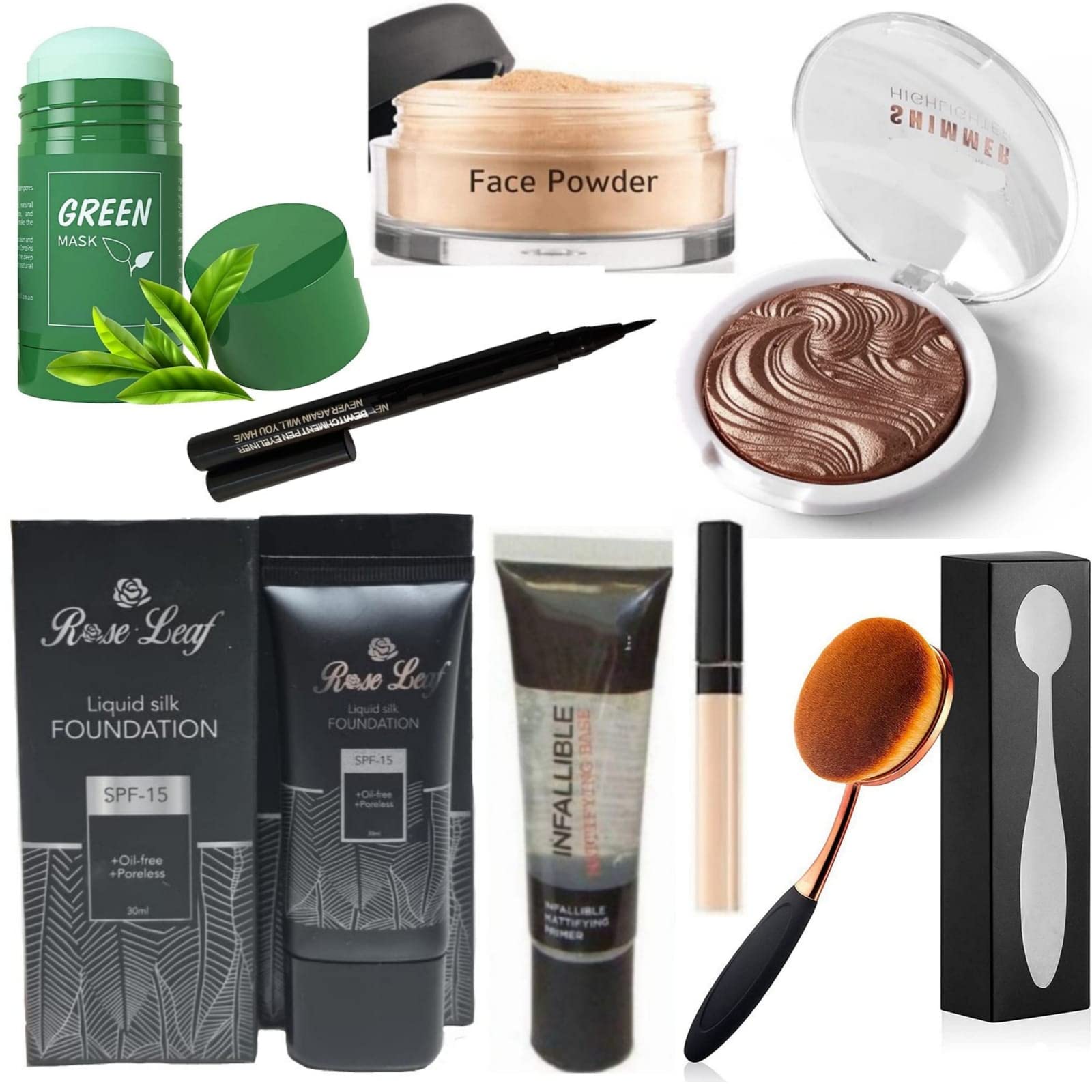 Makeup Kit SPF 15 Foundation,Primer,Concealer,Face Mask,Loose Face Powder,Waterproof Pen Eyeliner With Highlighter And Oval Brush (Set Of 8)