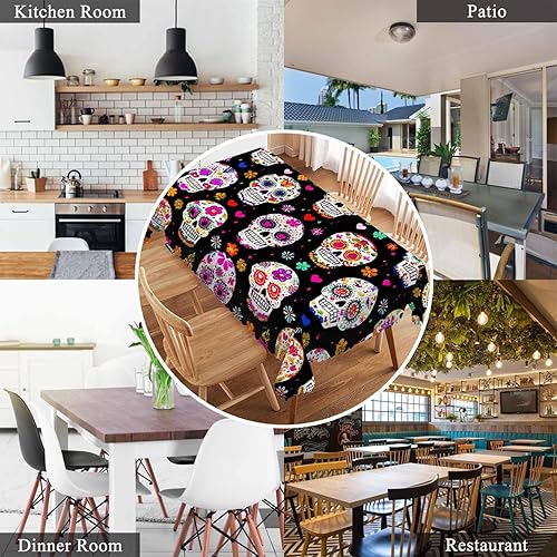 Miniatura 7 de Swono Mantel del Día de los Muertos, Coloridas Calaveras Mexicanas de Azúcar de 50 x 72 pulgadas, mantel para mesas rectangulares, bufé, fiestas,