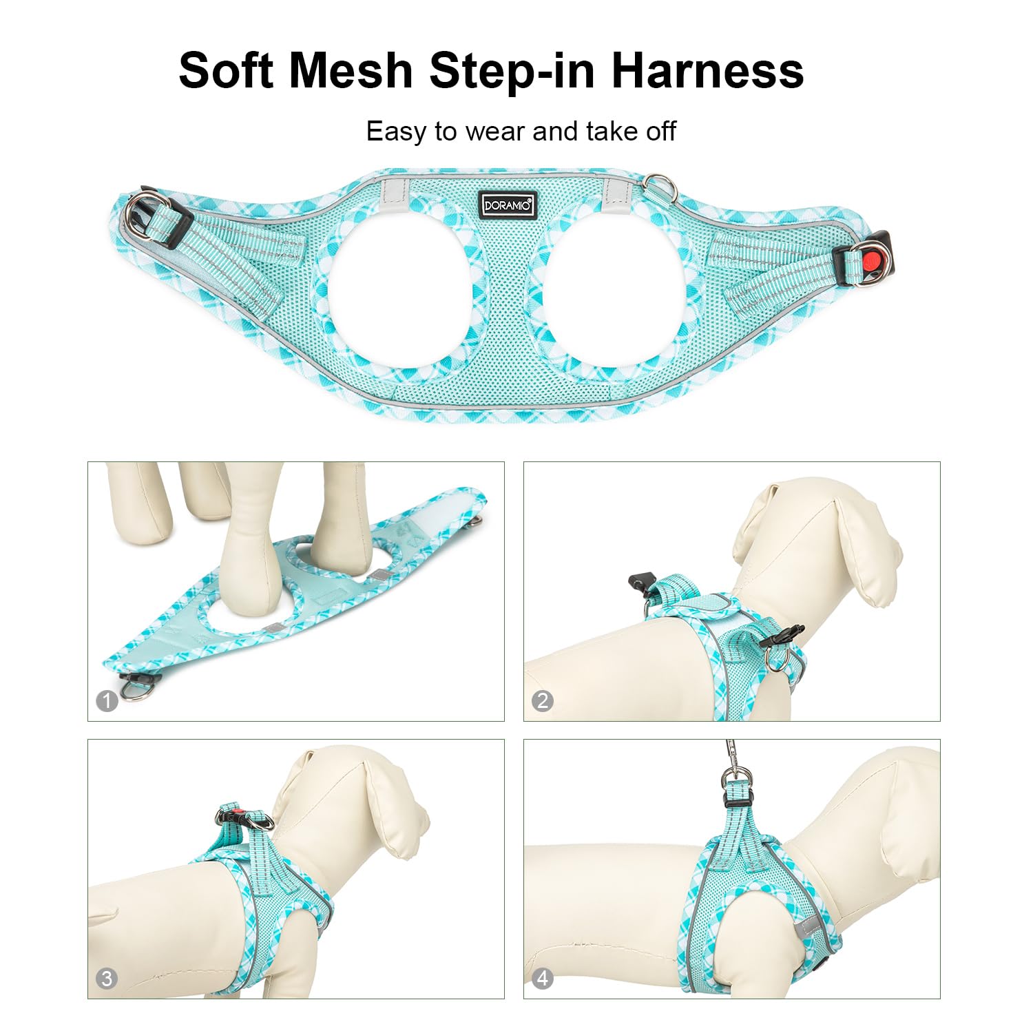 DORAMIO Pettorina Cane Taglia Piccola, Step-in Pettorina per Cani Gatti Cuccioli con Guinzaglio Comodo, Riflettente Traspirante Imbracatura Cane Morbida Imbottito per Passeggiate (XL, Blu Chiaro)