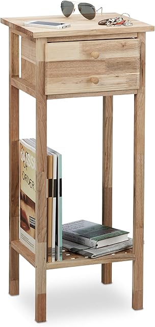 Relaxdays Walnut Side Table with Drawer, 2 Shelves, Telephone Table, Tall Wooden Table, HxWxD: 80 x 35 x 30 cm, Natural