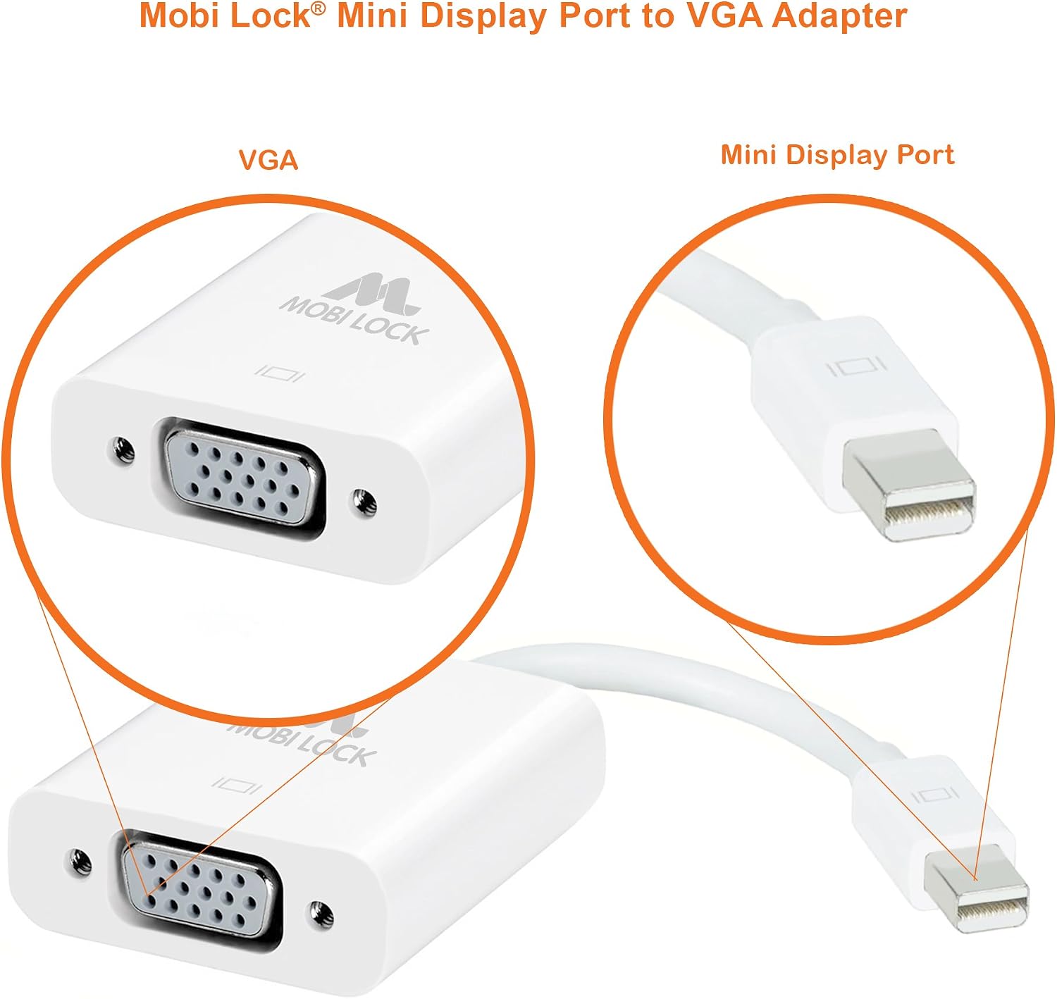 Mobi Lock Mini DisplayPort to VGA Adapter | Compatible to Mirror PCs Screen onto Your Monitor & Projector | 20cm, White Gold-Plated Cable (Pack of 1) | Does NOT Work with Smartphones