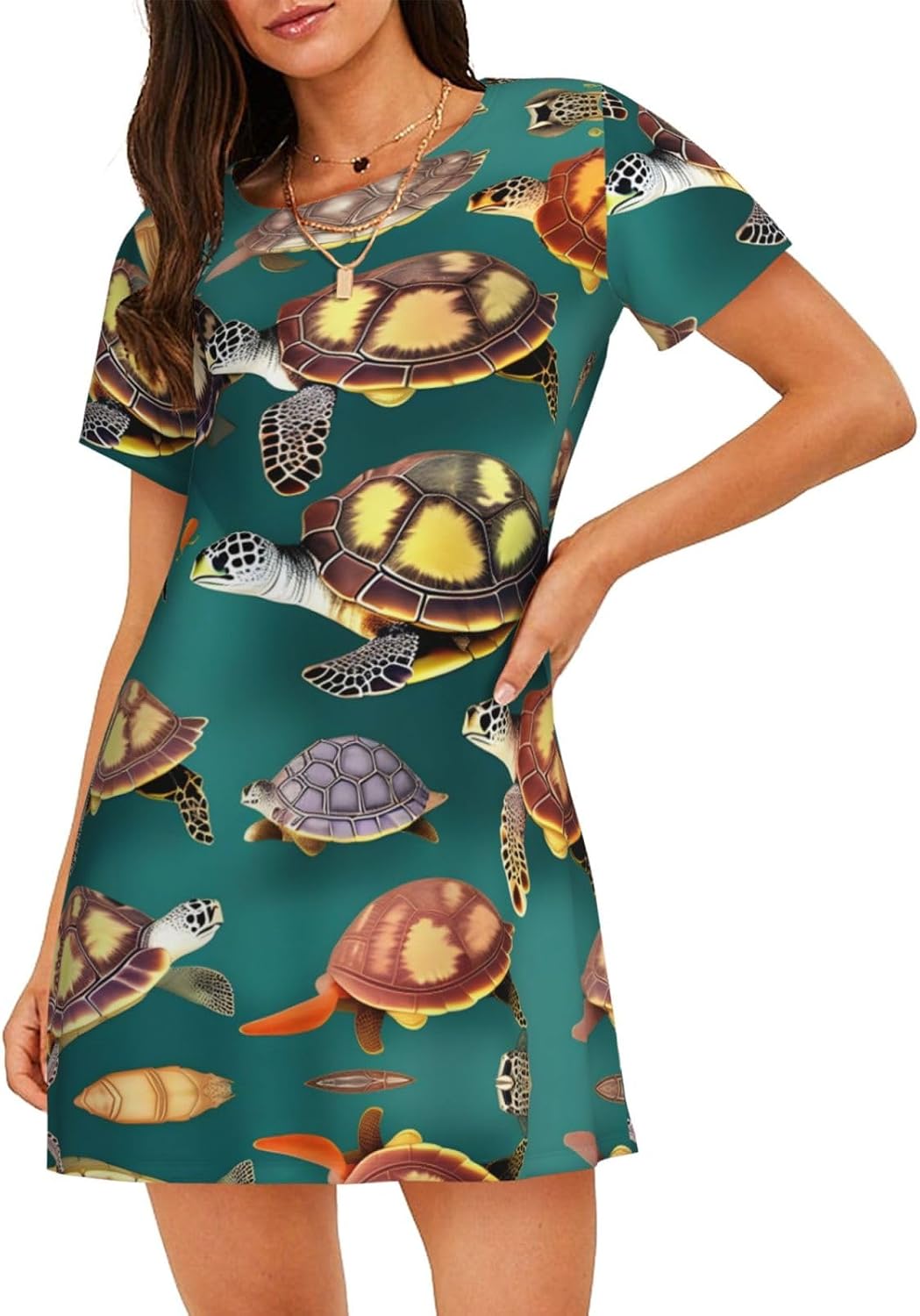 Casual Many Animals Sea Turtles Print Print Pajama Dress For Ladies,Short Sleeve Nightgown,Soft Comfortable Sleepwear
