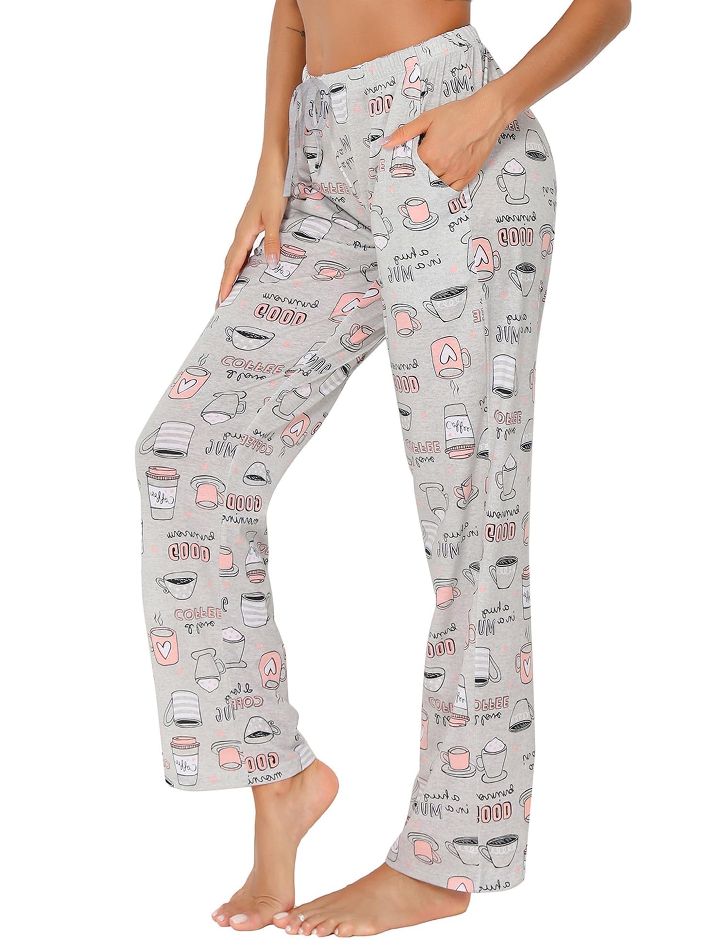 ENJOYNIGHT Pantalones de pijama cómodos de algodón para mujer, con bolsillos y cordón