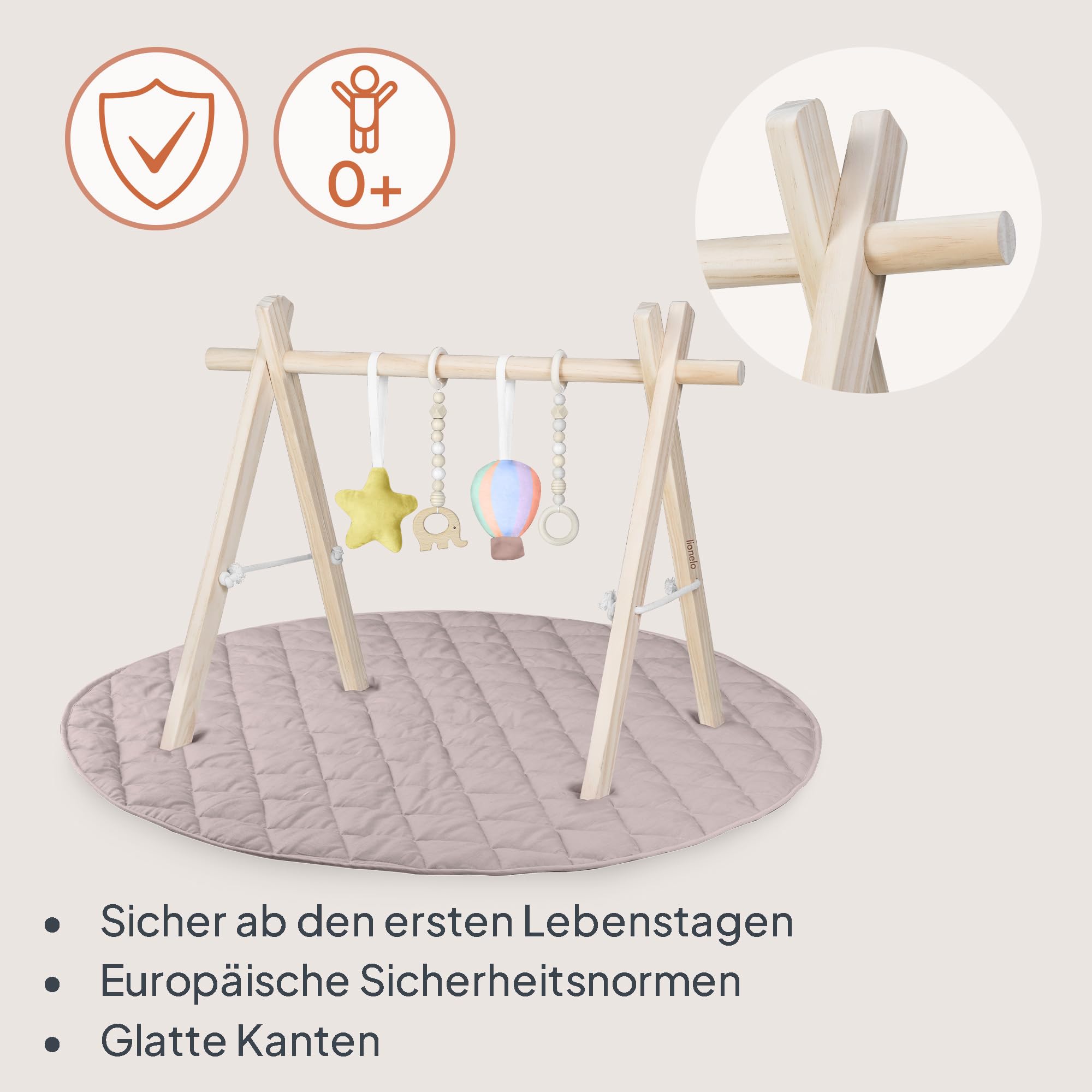 Lionelo Anis Set Baby Gym mit klappbarem Holz-Spielbogen & abnehmbaren Spielzeugen, große 100 cm Krabbel- & Spieldecke aus Baumwolle, 2 cm weich & rutschfest, Montessori Spielmatte für Babys | mit abnehmbaren Spielzeugen, große 100 cm Krabbel- & Spieldeck