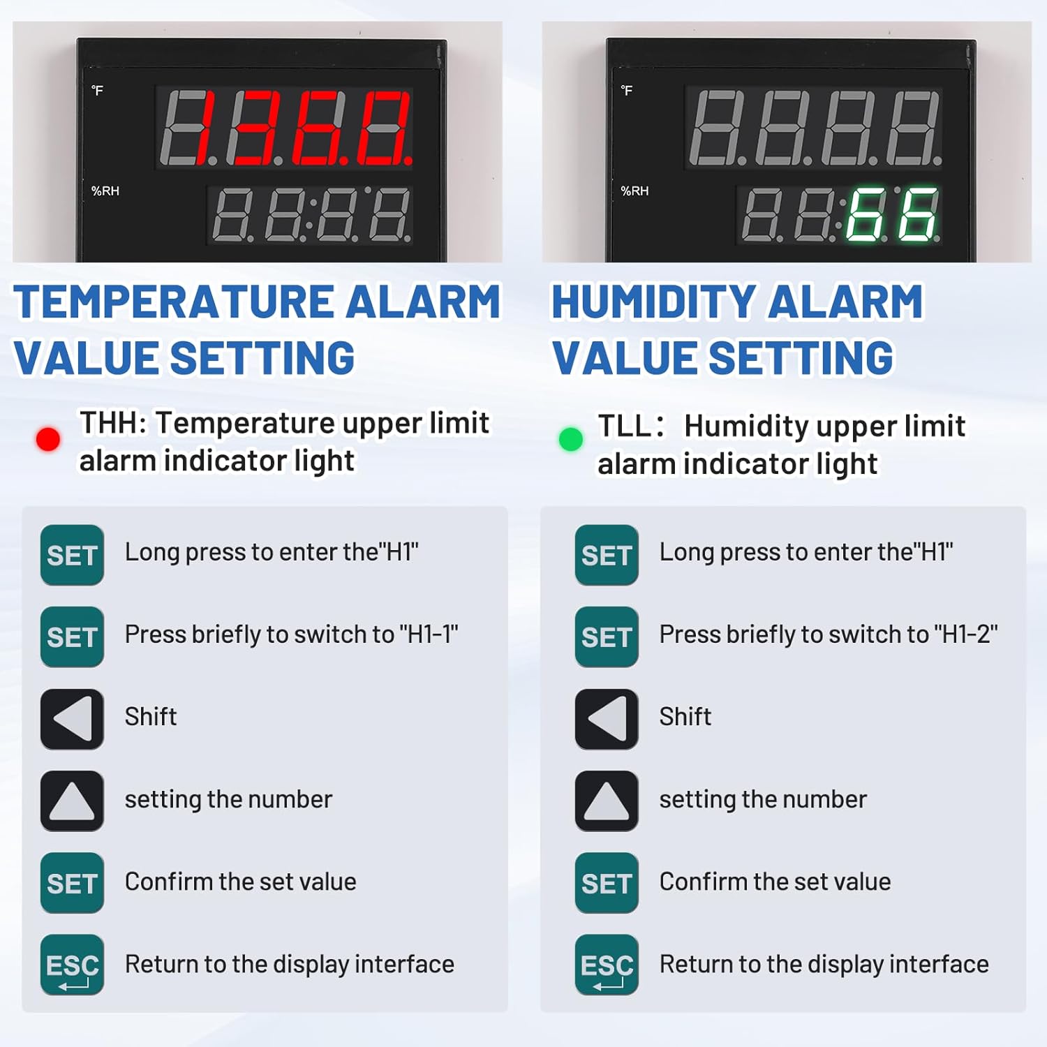 JIAWANSHUN Industrial Temperature Humidity Alarm, -40-185°F 0-100%RH Digital Thermometer Hygrometer, Independent Alarm Sound Light Alert Calibration for Greenhouse, Pet House, Chicken 110V