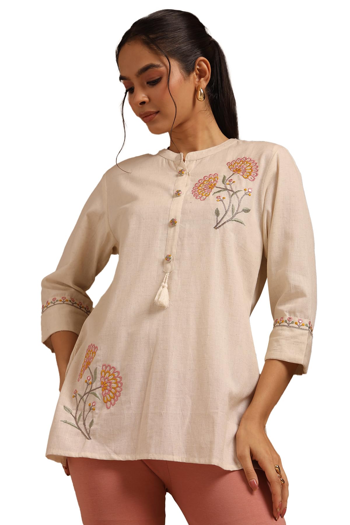 soch Womens Beige Cotton Flex Embroidered Tunic with Thread Work-picture-11