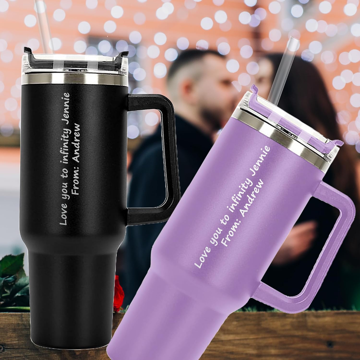 Personalized Tumbler 40 oz Laser Engraved, Love you to infinity Insulated Cup with Handle, Lid and Straw, VALENTINE Custom Cup for wife, girlfriend, boyfriend, Custom Valentine's Day Gifts for Wife