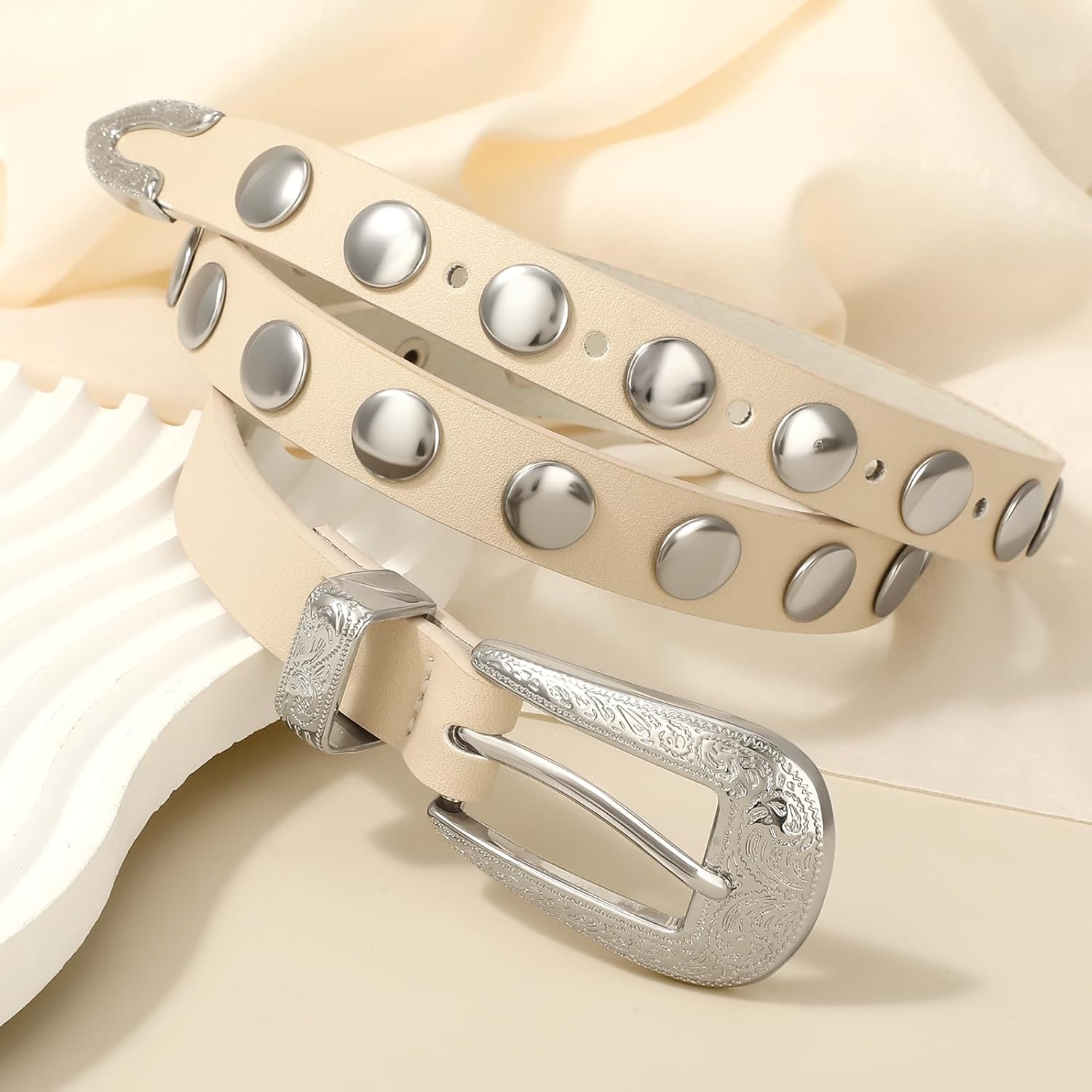 SANSTHS Women Western Studded Belt for Jeans Fashion Thin Leather Belt Vintage Skinny Ladies Belts for Dresses - Image 5