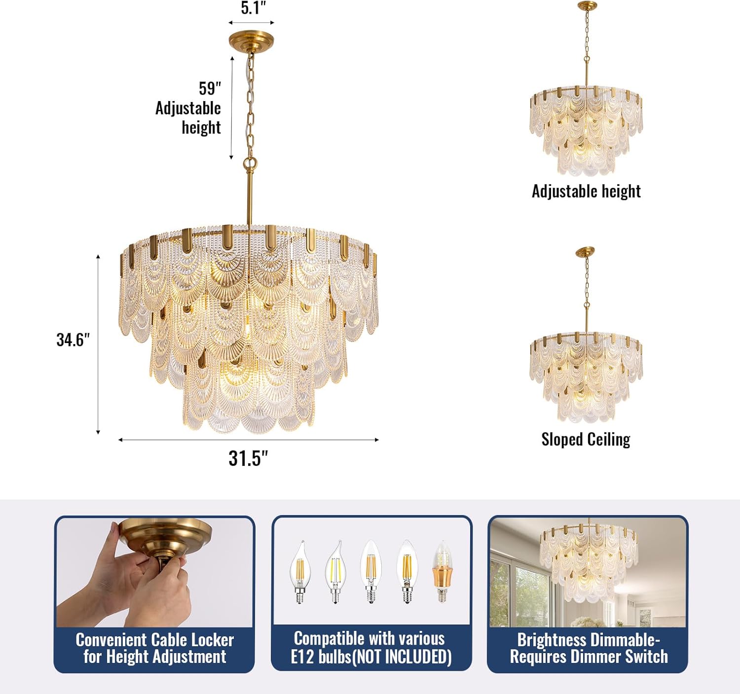 31.5-inch Glass Chandelier,Gold Glass Kitchen Island Lights,16-Light Dining Room Hanging Pendant Light Fixture for Living Room, Bedroom,Foyer, Bathroom,Entryway, Brass Finish, D31.5 xH34.6