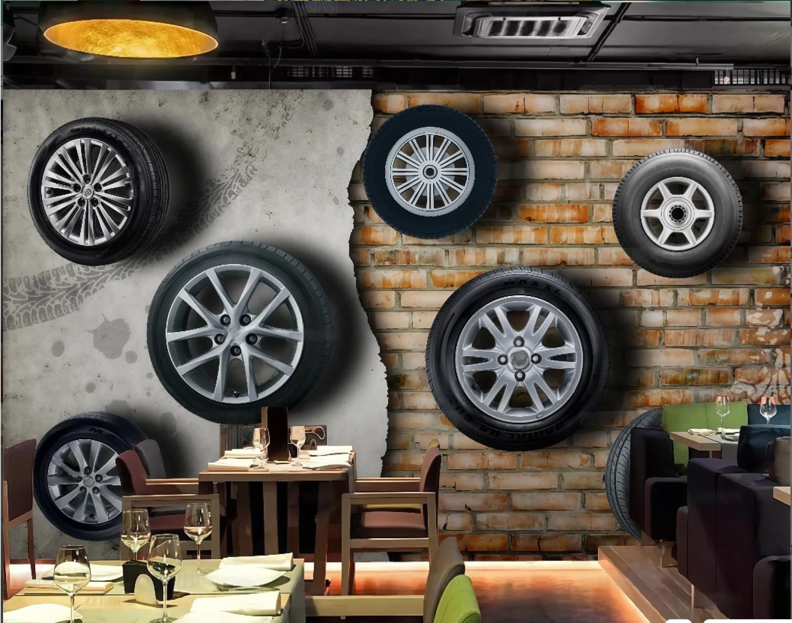 XDOUBAO Wallpaper Three-Dimensional Retro Nostalgic Car Tire Brick Wall Bar Nightclub Afternoon Tea Coffee Shop Background Mural Western Restaurant Wallpaper,3D,200x140cm