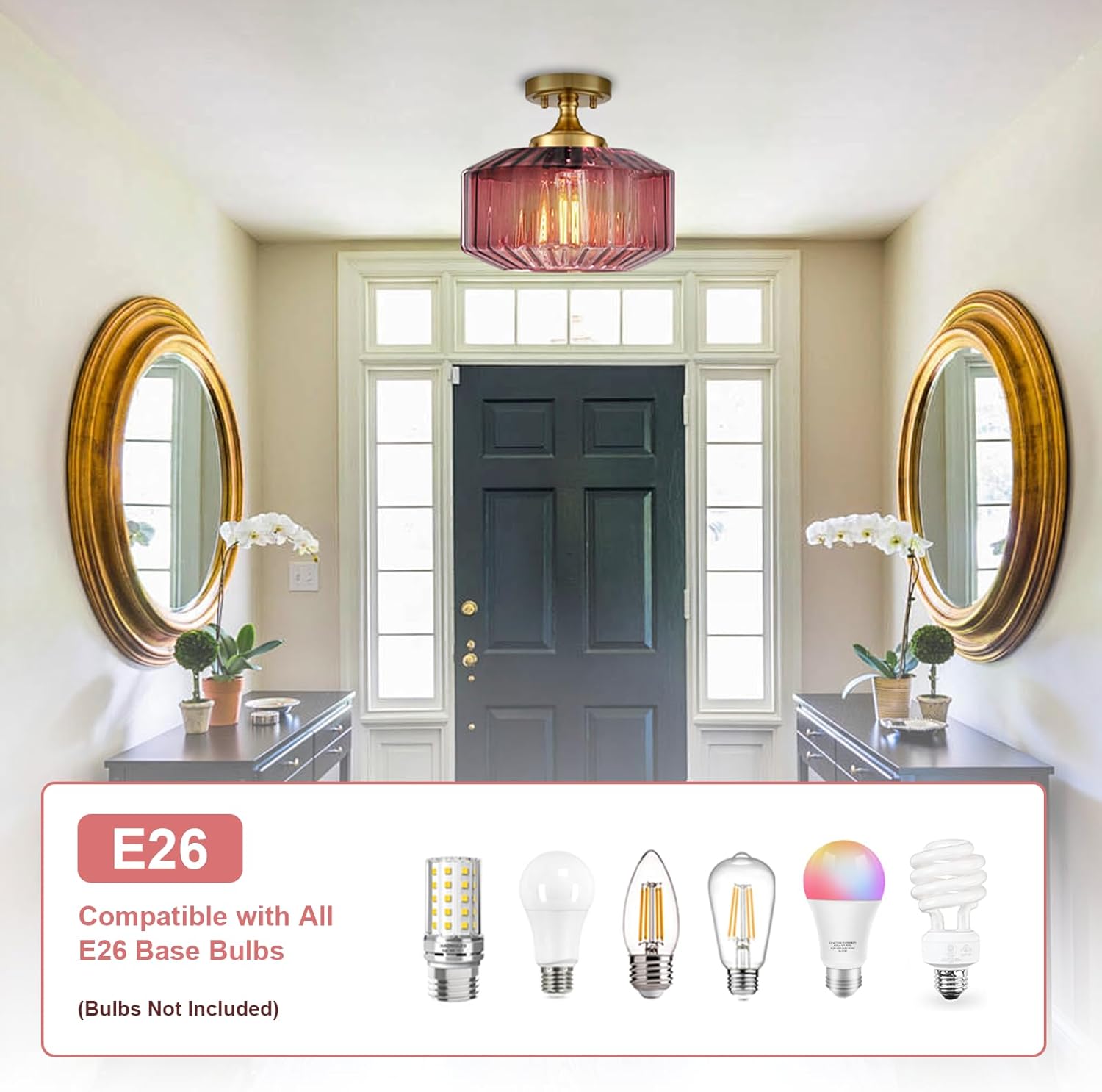 Flush Mount Ceiling Light Fixtures，1-Light Gold Light Fixture with Seeded Purple Glass Shade, 11.02 Inch Industrial Ceiling Lamp for Hallway Foyer Porch