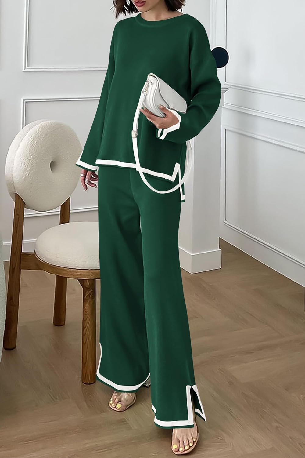 PRETTYGARDEN レディース 秋ニットセーター2点セット 長袖トップス ワイドレッグパンツ スウェットスーツ トラックスーツ