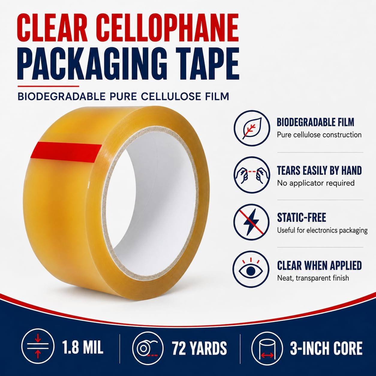 GGR Supplies Clear Cellophane Packaging Tape, 3/4 Inch x 72 Yds, Pack of 3 image 2