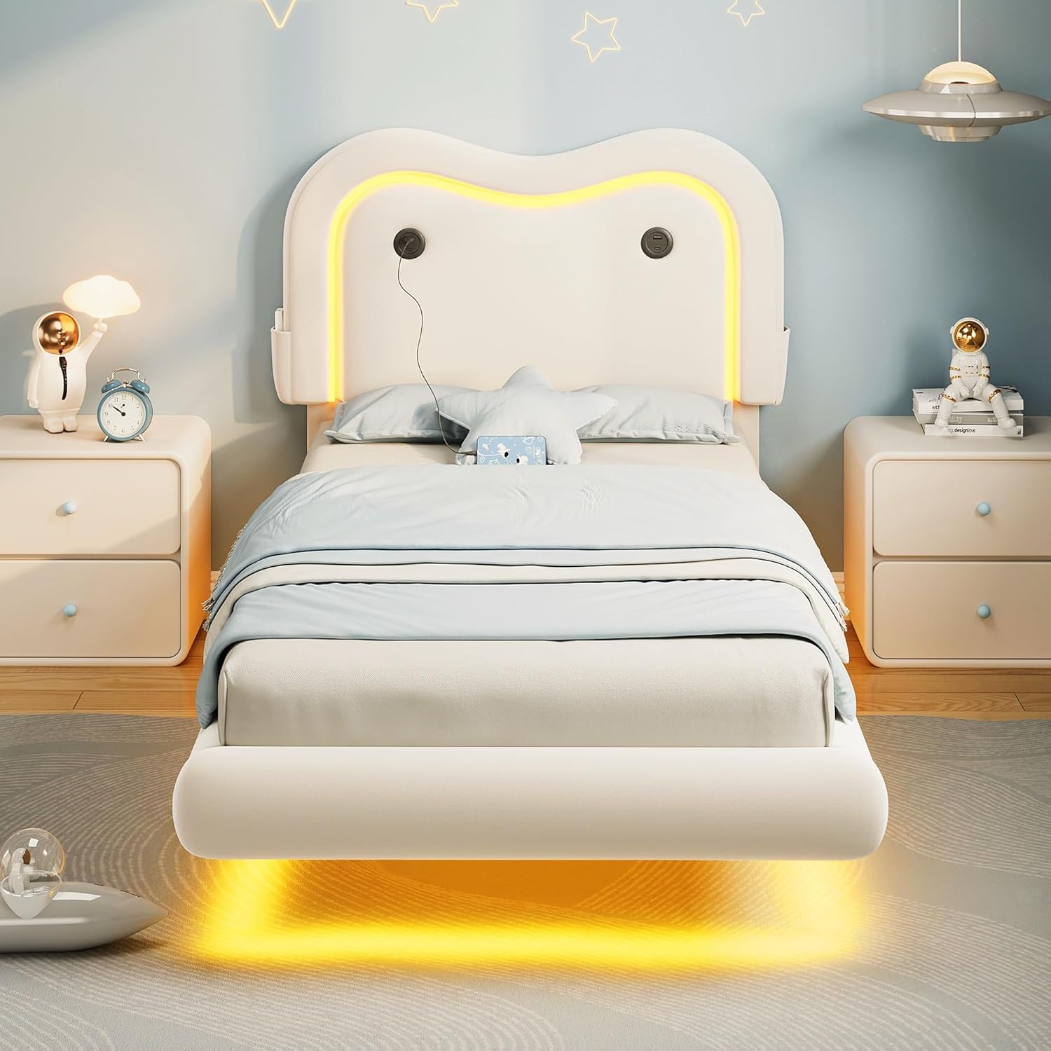 MapleGrace Floating Bed Frame with LED Lights, Twin Size Velvet Upholstered Bed Frames with Charging Station and Adjustable Headboard, No Box Spring Needed, Easy Assembly, White
