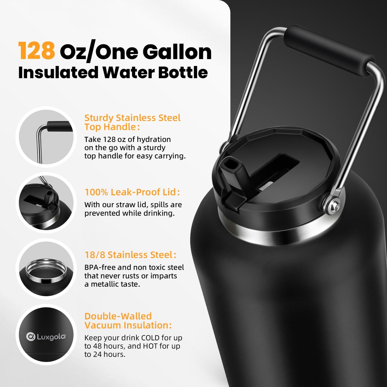 128 oz Insulated Water Jug with Straw Lid and Handle, One Gallon Stainless Steel Double Vacuum Water Bottle for Hot & Cold Drinks - Sweat Proof, Great for Travel, Hiking, Camping - Olive Green - Image 7