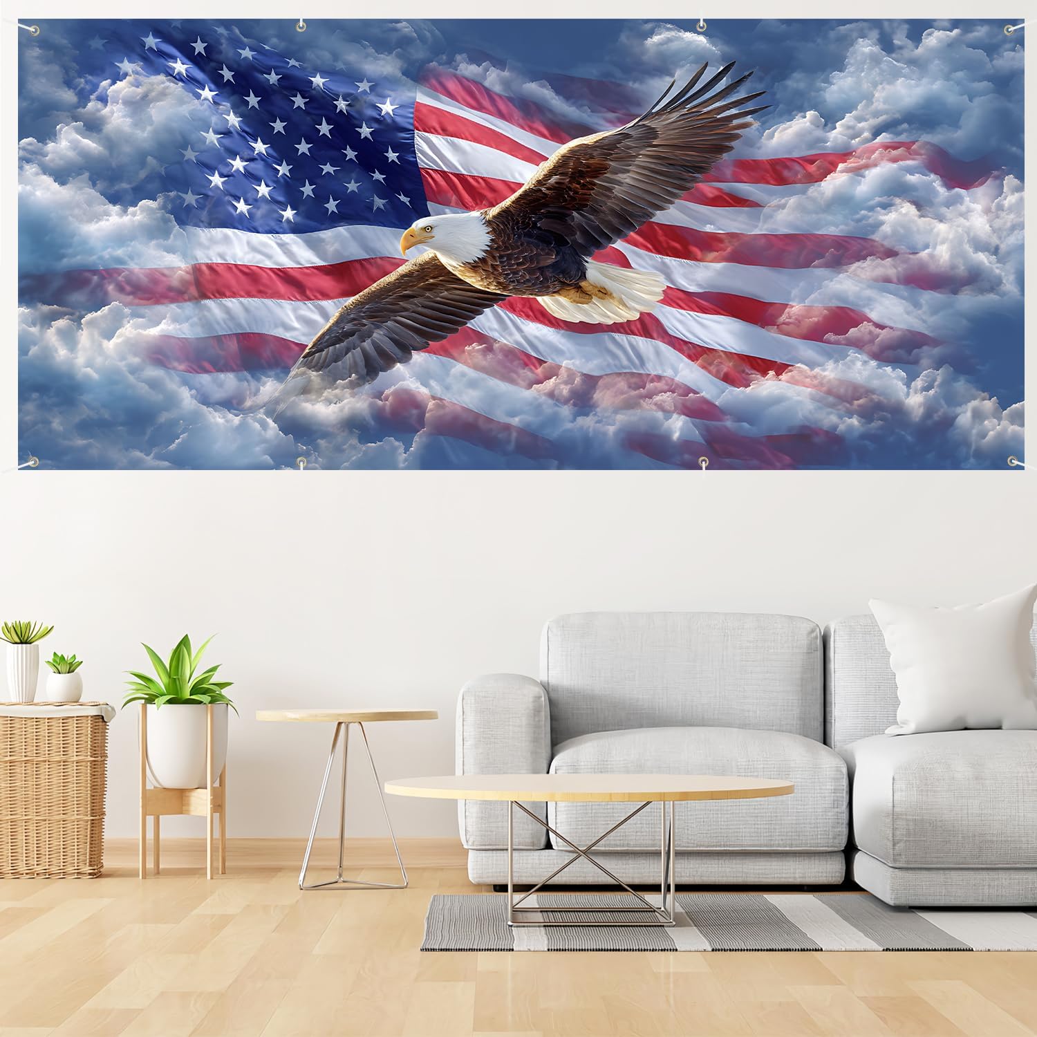 Independence Day Garage Door Banner-Bald Eagle Patriotic Decoration for Presidents Day, 4th of July (Eagle and National Flag, 6 x 13 FT)