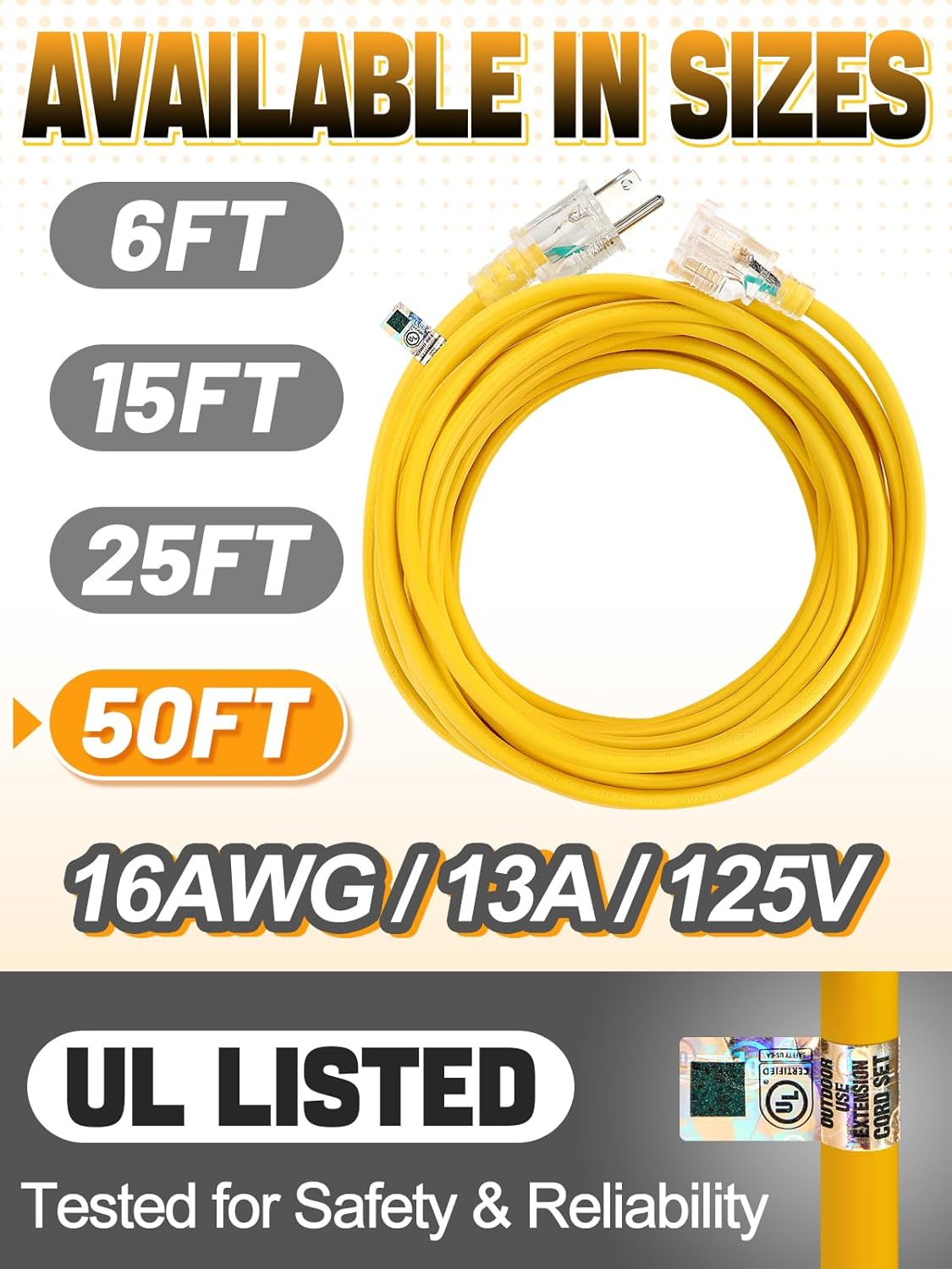 Lighted End Outdoor Extension Cord Waterproof -16AWG, 3 Prong, 13A, 1625W, Flexible Yellow Power Extension Cord for Outsides, 50ft