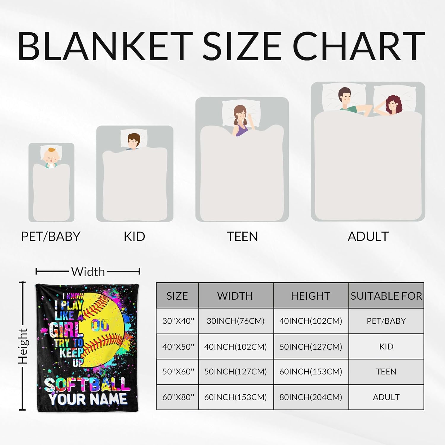 Custom Softball Gifts for Girls 8-12 - 60x80 Inches Softball Throw Blanket for Adults - Black Warm Fuzzy Blankets for Sofa, Bed & Living Room