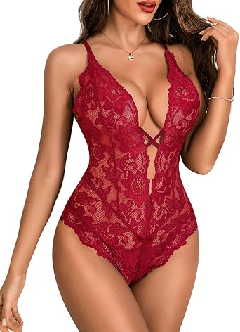 Aranmei Sexy Lingerie for Women Lace Teddy Bodysuit Deep V Cut Out Matching Panty Underwear