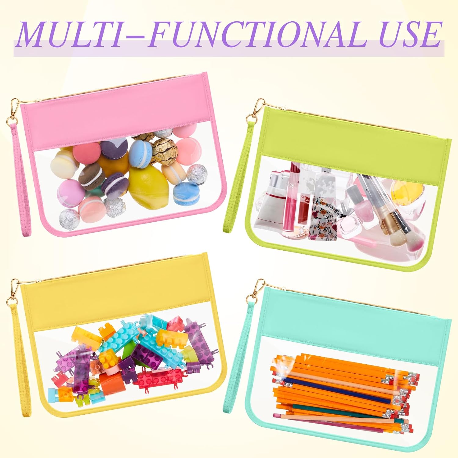 Sweetude 24 Pcs Clear Makeup Bags with Wristlet Bag DIY Chenille Letter Bag Bulk Waterproof Toiletry Bag Flat Preppy Nylon Clear Zipper Pouches Snack Organizer for Women