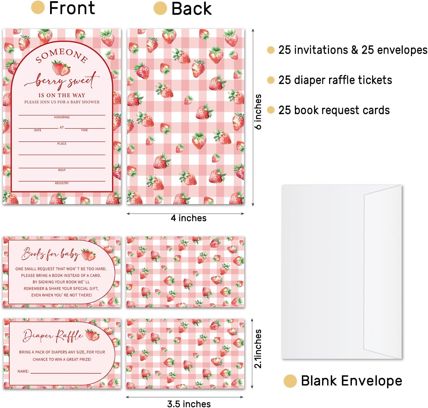 Strawberry Baby Shower Invitations for Girl, Set of 25 Berry Sweet Baby Shower Invites Gender Reveal Invites Cards with Envelopes, Book Request Cards, Diaper Raffle Tickets for Party Supplies /10