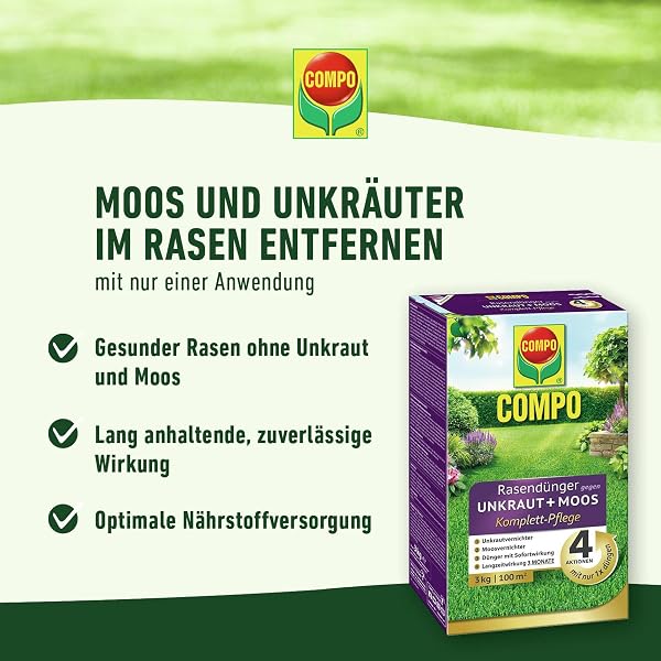 COMPO Rasendünger gegen Unkraut + Moos Komplett-Pflege Rasendünger mit Unkrautvernichter, Moosvernichter, 3 Monate Langzeitwirkung 9 kg, für 300m² - 2