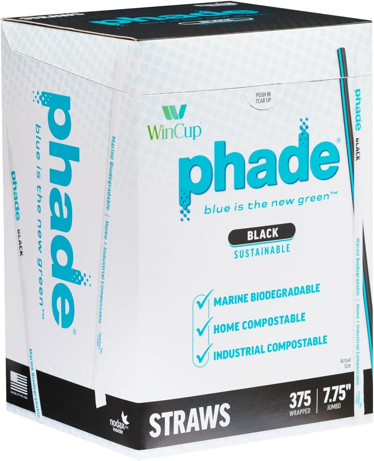 phade Jumbo Eco-Friendly Drinking Straws – 7.75" Black With Blue Stripe 3750 Count Wrapped – Marine Biodegradable Compostable Non-Toxic Made In USA, 10 Pack