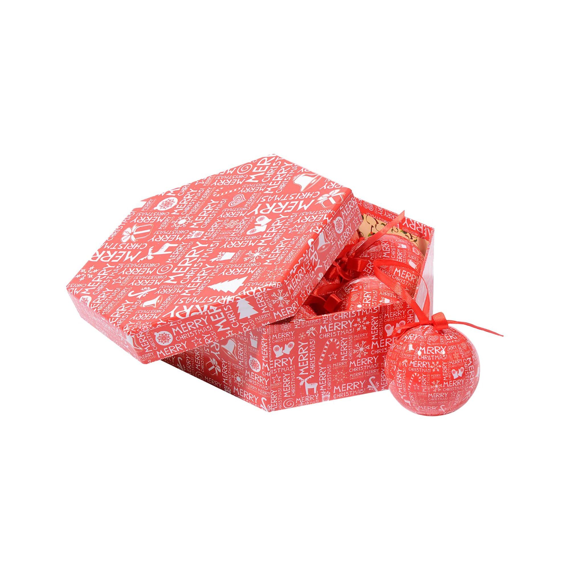 Dmora Boîte 7 boules de Noel, fantaisie écrite, ensemble assortiment de boules de Noel, boîte d’arbre de Noel hexagonal, diamètre 7,5cm, rouge et blanc