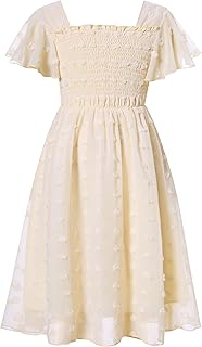 6-12T Girls Chiffon Dress with Solid Pom Poms & Flutter Ruffle Short Sleeve Kids Lace Square Neck Frocks - Buy now