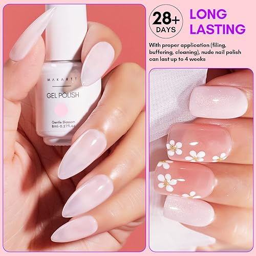 Miniatura 5 de Makartt Esmalte de uñas de gel, esmalte de gel natural de gelatina color nude rosa, blanco lechoso, rojo con purpurina, 6 unidades de 0.3 fl oz,
