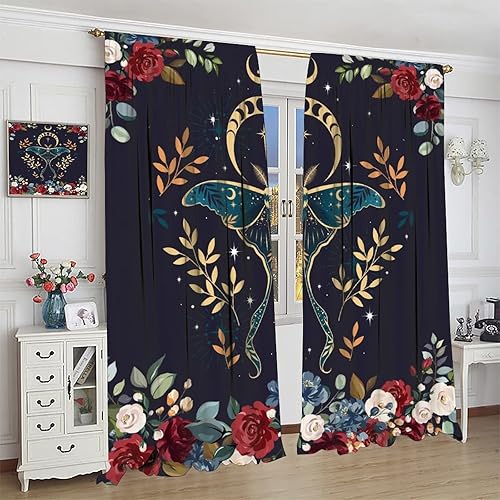 Miniatura 4 de Cortinas con temática de polilla de luna y estrellas, hermosas rosas rojas, luna de noche, jardín, hojas verdes, polilla, bohemia, gótica, para