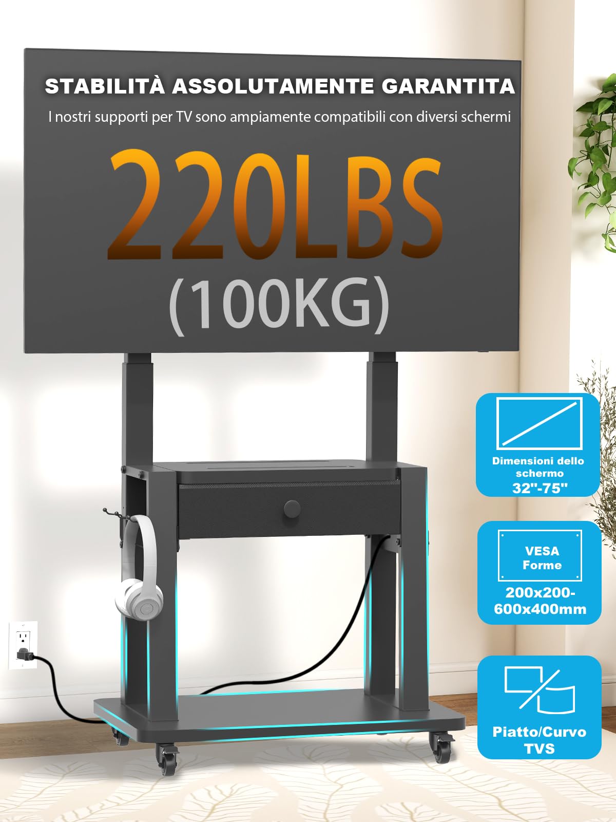 Supporto TV con cassetto in tessuto, per schermo piatto/curvo da 32"-75", fino a 200 libbre LCD/LED/OLED, carrello per TV mobile con ruote per casa ufficio all'aperto Max VESA 600 x 400 mm, nero