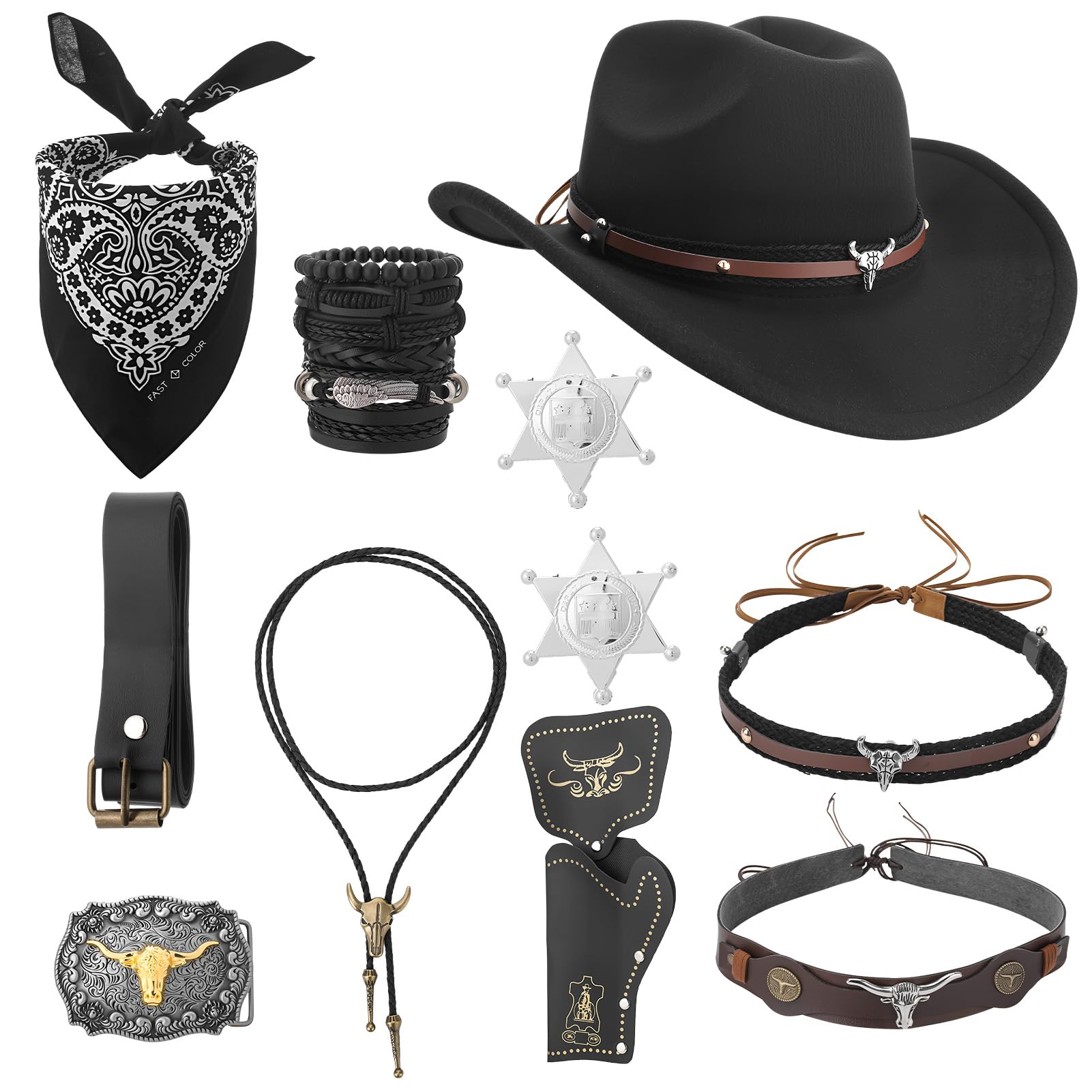 ViEinkaufen 8 Pcs Cowboy Outfit Set for Adult,Cowboy Hat with Bandanna Bracelet Belt Badge,Cowboy Accessories Kit for Hippie Disco Halloween Theme Party Party