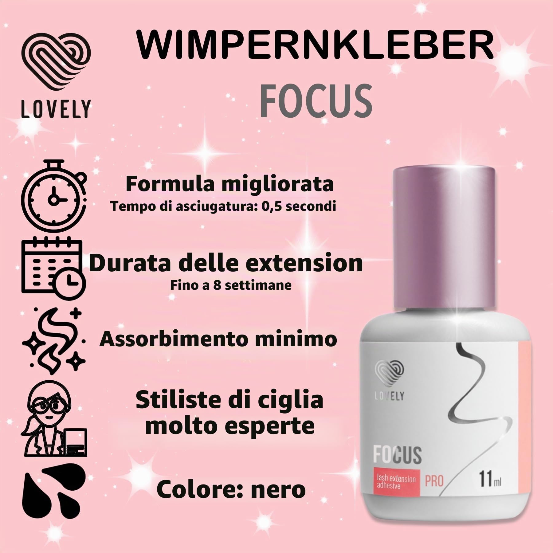 LOVELY FOCUS Colla per ciglia (11ml, colore: NERO) colla fulminea, tempo di asciugatura: 0,5 secondi, adesione di 8 settimane, durevole, per extension ciglia professionali