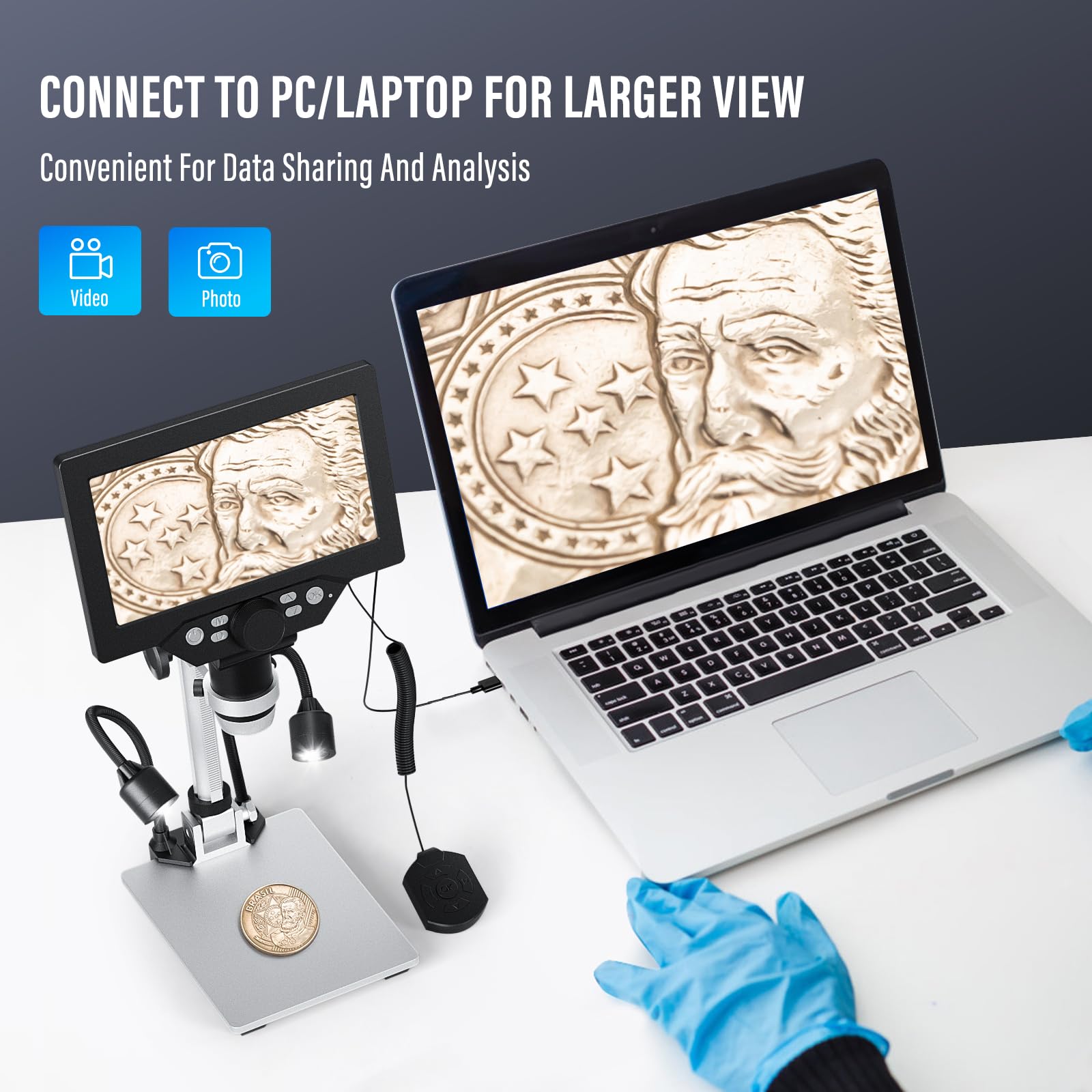 Microscopio Digitale 7 Pollici, Ingrandimento 1200X 12MP Registrazione 1080P con 8 Luci LED Regolabili, Schermo IPS, Connessione PC per Saldatura, Scienza, Istruzione Compatibile con Windows