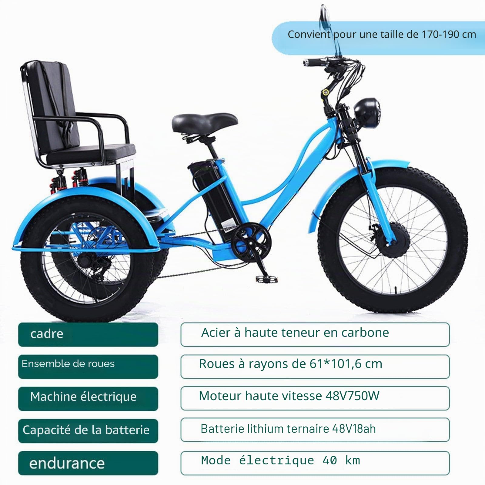 Tricycle électrique pour adultes – Batterie 48 V 18 Ah, siège multifonctionnel, charge maximale 150 kg, écran LCD, phare, cadre en acier au carbone robuste, pour routes de ville et de montagne