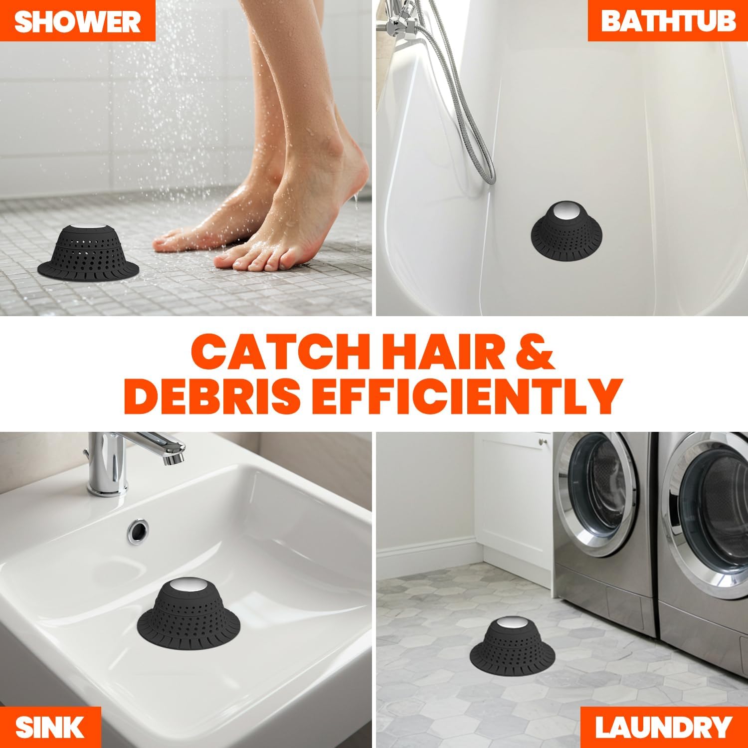 Shower Drain Hair Catcher - Bathtub Drain Cover Foldable Silicone,Shower Drain Protector for Pop-Up and Regular Drains of Shower,Tub, Bathroom, Sink, Silver-Black - Image 2